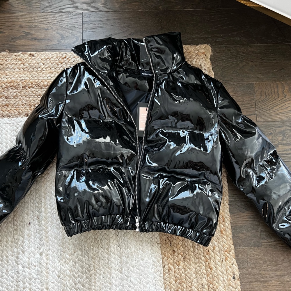Pretty Little Thing Black Vinyl cropped Puffer
